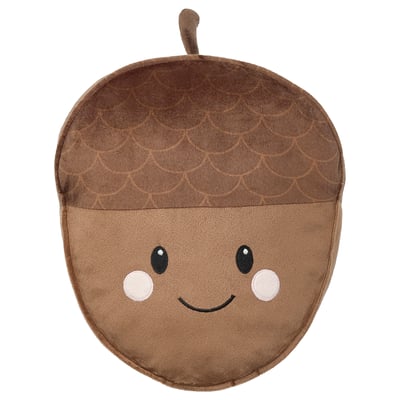 Un oreiller en forme de gland nommé SKOGSDUVA avec un motif de coquillage marron, un visage souriant et une poche secrète.
