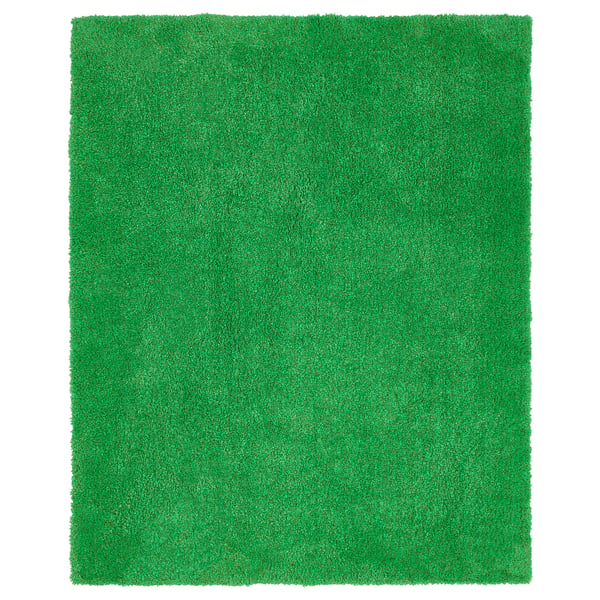 Tapis d’intérieur/extérieur vert vif, rectangulaire et moelleux avec une surface texturée semblable à de l’herbe.