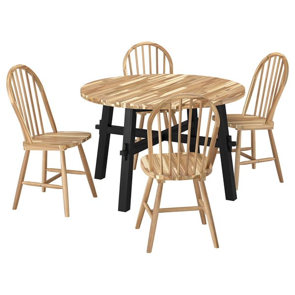 Ensemble à manger SKOGSTA : table et chaises en bois clair, rondes, robustes, finition naturelle.