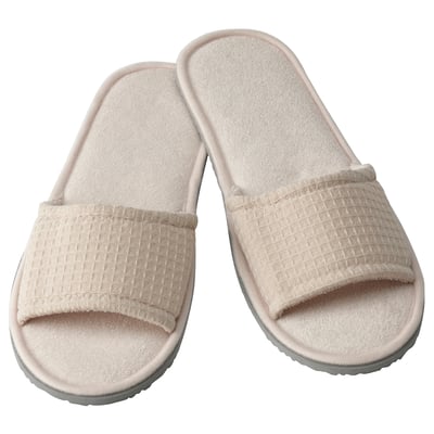 Babouches beiges SKOVELSJÖN, tissu texturé, bout ouvert, semelle en mousse souple.