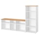 Banc TV et bibliothèque blancs SKRUVBY, design minimaliste, dessus en bois clair, étagères ouvertes, rangement moderne et épuré.