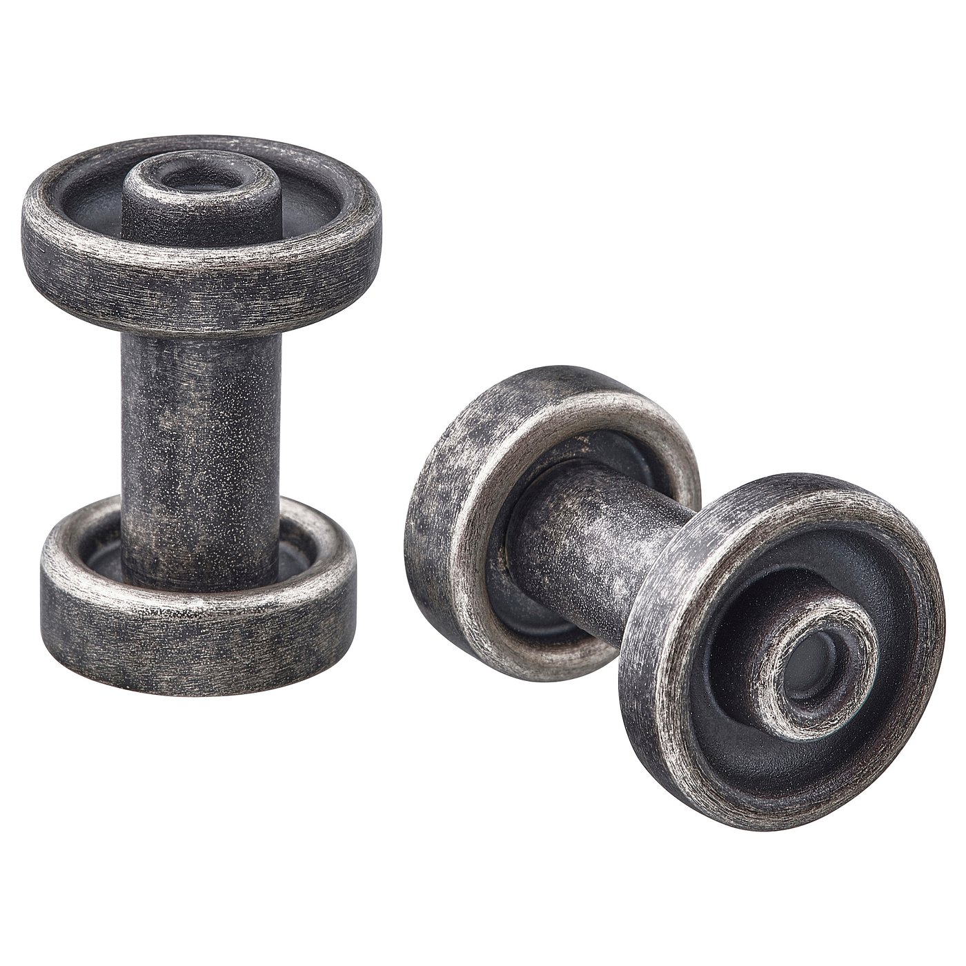 Deux boutons d’armoire ronds métalliques gris au design lisse.