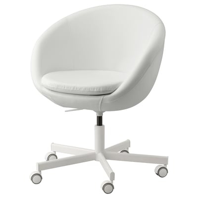 Chaise de bureau SKRUVSTA blanche, ronde, rembourrée, sur roulettes.