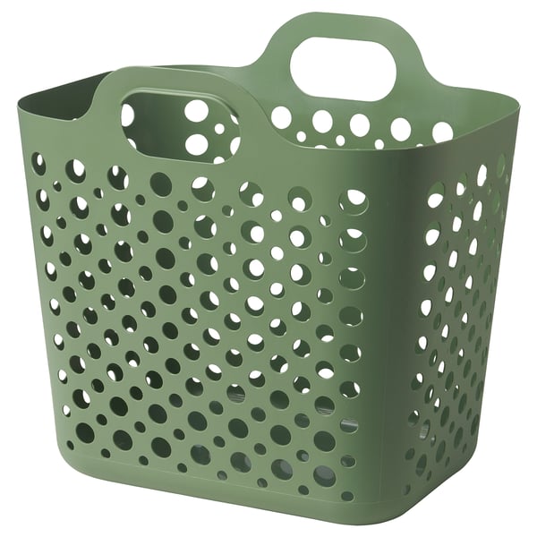 Panier à linge perforé vert avec poignées pour la ventilation, en plastique polyéthylène.