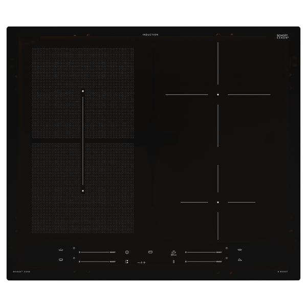 Cuisinière à induction noire avec 4 zones, commandes tactiles, boosters de puissance et fonction pont.