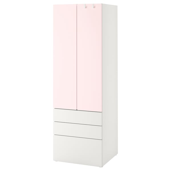 Une grande armoire SMÅSTAD en blanc avec des portes roses, avec des tiroirs en bas.