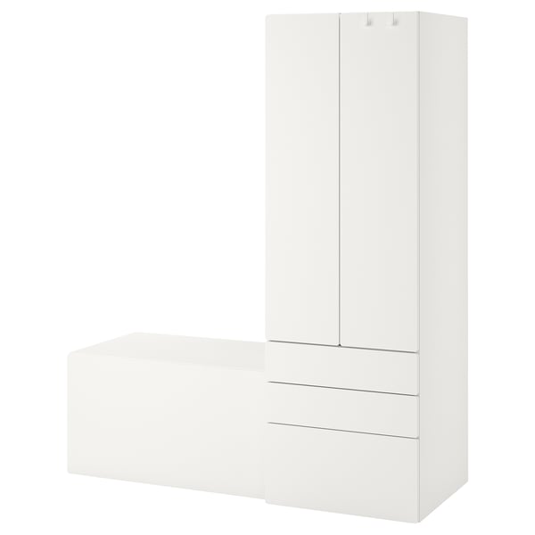 Ensemble de rangement moderne et blanc pour enfants, comprenant une armoire et un banc avec tiroirs, design élégant.