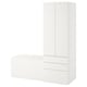 Ensemble de rangement moderne et blanc pour enfants, comprenant une armoire et un banc avec tiroirs, design élégant.