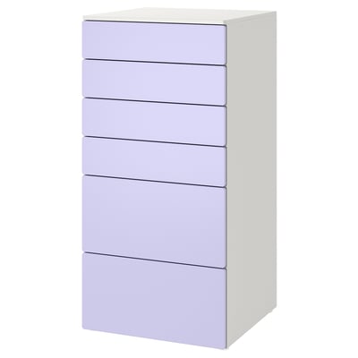 Grande armoire blanche avec six tiroirs lavande, design moderne.