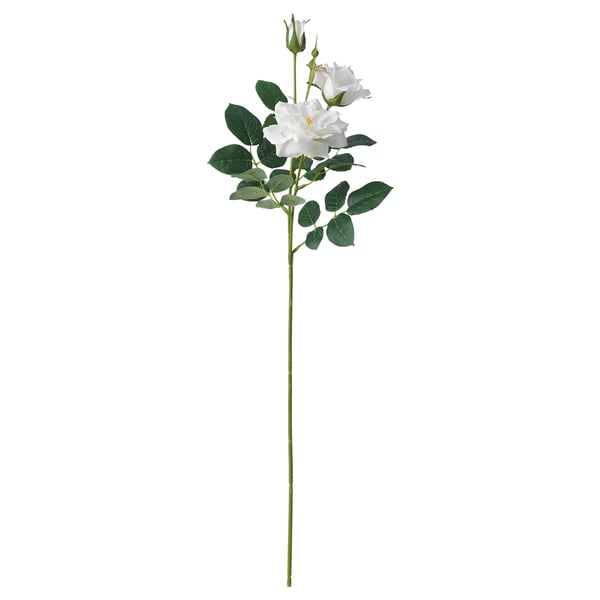 Rose blanche artificielle avec des feuilles, des tiges et des bourgeons verts. Fabriqué avec des matériaux recyclés.