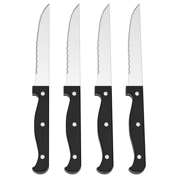 Quatre couteaux à steak identiques à manche noir avec des lames dentelées en acier inoxydable, disposés en rangée.
