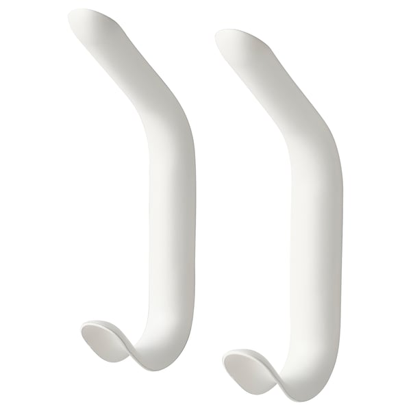 Deux crochets élégants en métal blanc avec vis cachées, idéaux pour suspendre des objets.
