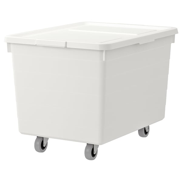 Une boîte de rangement SOCKERBIT blanche sur roulettes, rectangulaire, avec un couvercle sécurisé pour une organisation et une mobilité faciles.