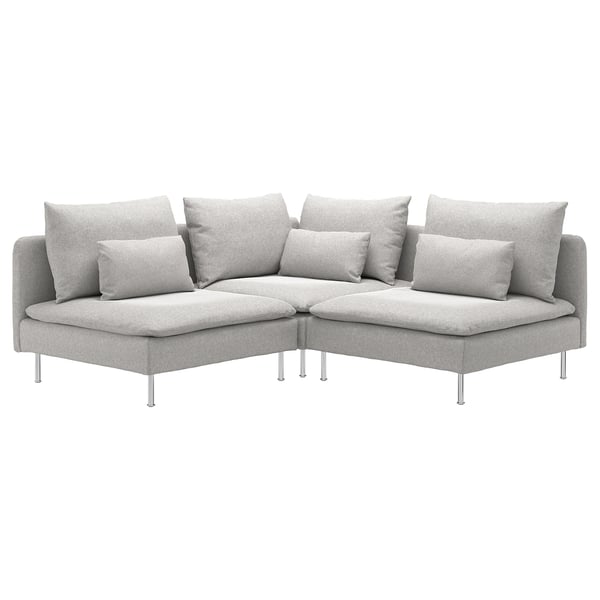Gris clair, canapé d’angle moderne avec sièges profonds et coussins amples, pieds en acier élégants, élégant et confortable.