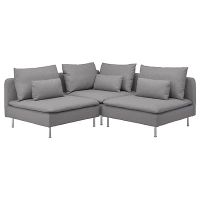 Ikea SÖDERHAMN Canapé sectionnel 3 pièces en gris, design moderne et discret avec coussins amovibles.