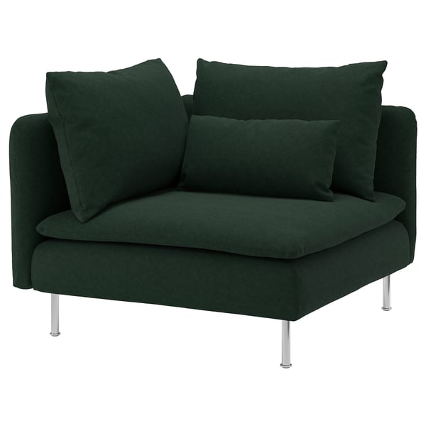 Fauteuil rembourré vert foncé avec pieds en métal, revêtement en tissu chenille doux.