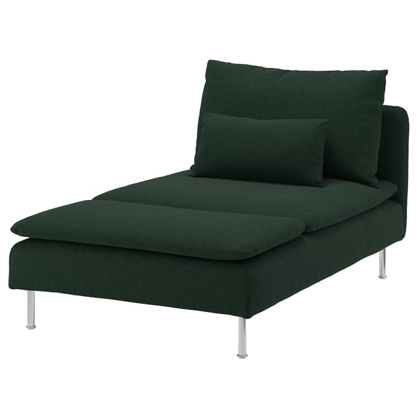Chaise longue moderne en tissu vert avec pieds en métal ; Design élégant.
