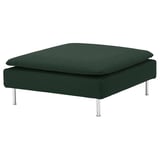 Repose-pieds carré vert foncé, pieds chromés, design moderne.