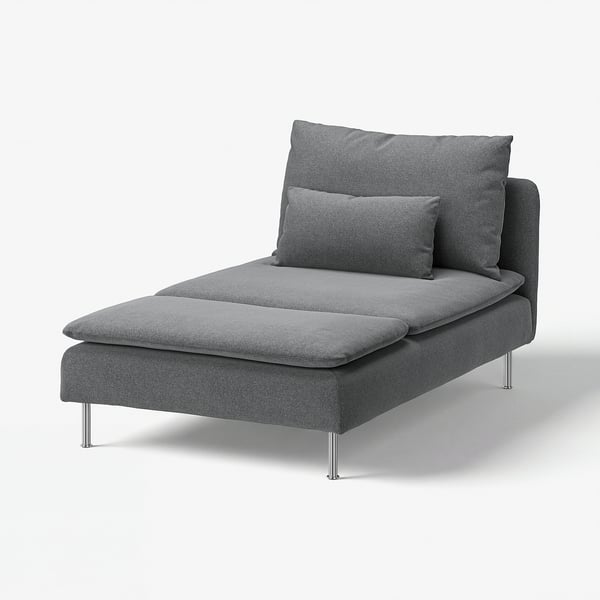 Chaise longue SÖDERHAMN, grise. Profil bas, design moderne avec coussins souples et pieds en métal. Parfait pour se détendre.
