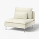 Chaise beige moderne aux pieds métalliques, conçue pour le confort avec des coussins doux et un look minimaliste et élégant.