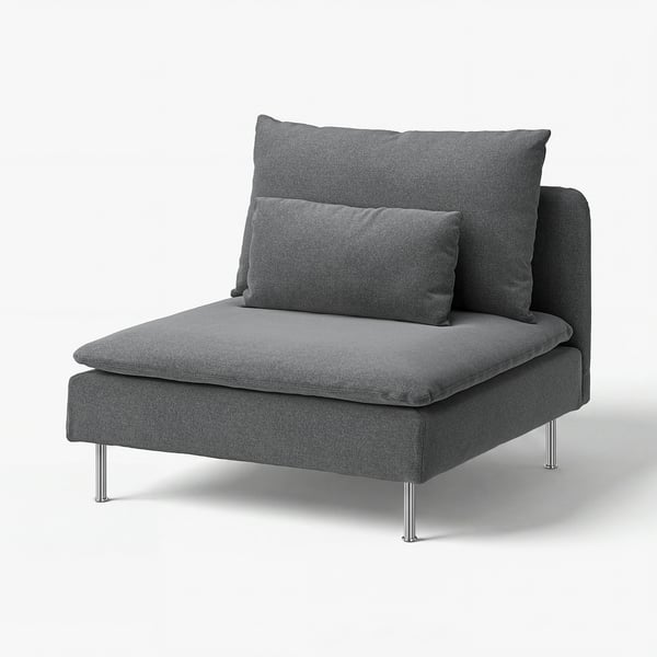 Fauteuil SÖDERHAMN gris d’IKEA, élégant et aéré, avec pieds et coussins en métal, idéal pour les salons modernes.