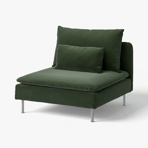 Chaise moderne vert foncé avec pieds métalliques et deux coussins.