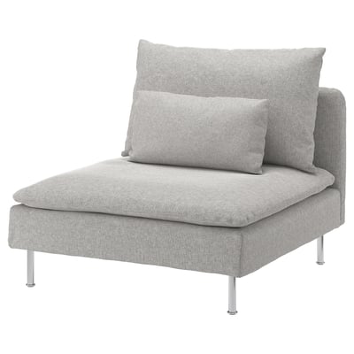 Chaise SÖDERHAMN grise moderne avec pieds et coussins chromés, parfaite pour les espaces contemporains.