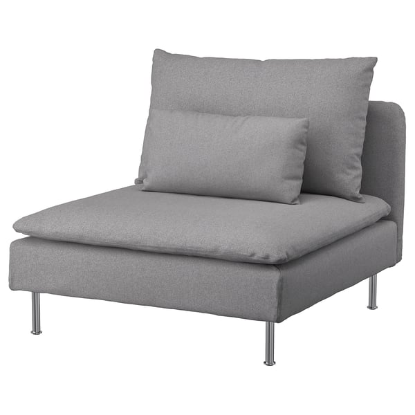 Chaise SÖDERHAMN grise moderne, gris clair, polyester doux, pieds hauts, assise profonde.