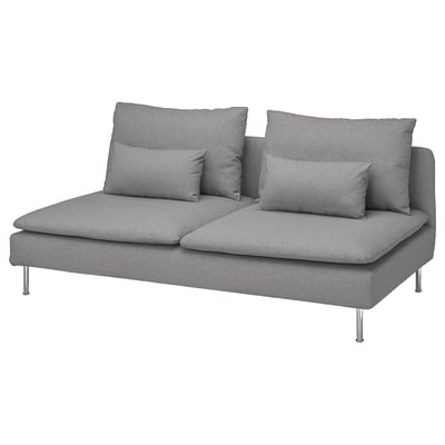 Canapé gris SÖDERHAMN, profil bas, design sans couture, pieds en métal, coussins gris, sièges spacieux.