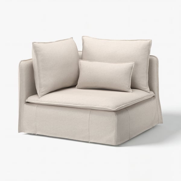 Canapé d’angle gris clair SÖDERHAMN, design moderne et minimaliste, sièges profonds confortables avec trois coussins.