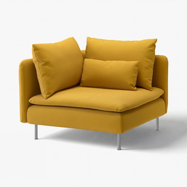 Canapé moderne jaune vif avec deux oreillers, design élégant, quatre pieds métalliques.