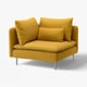 Canapé moderne jaune vif avec deux oreillers, design élégant, quatre pieds métalliques.