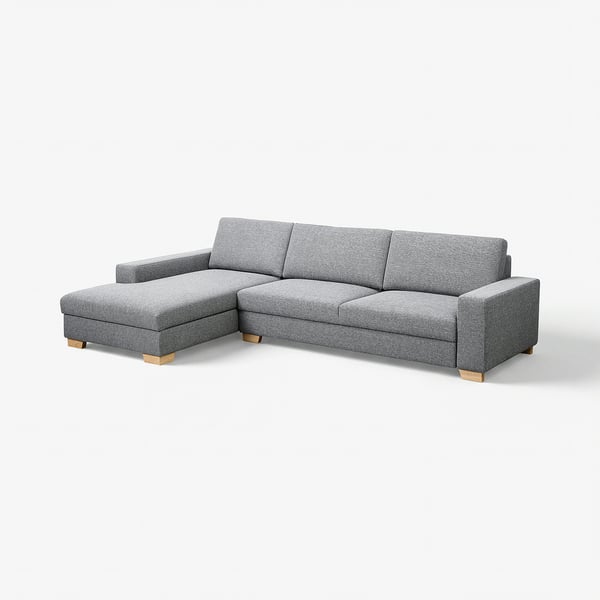 Canapé gris moderne en forme de L, SÖRVALLEN, style minimaliste, pieds en bois, 3 places, une chaise.