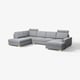 Canapé gris moderne en forme de U, pieds en bois clair, coussins moelleux au design minimaliste.