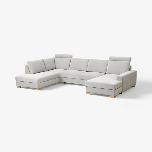 Un ensemble de canapé moderne de style scandinave gris clair en forme de U, avec des lignes épurées et des coussins moelleux pour le confort.