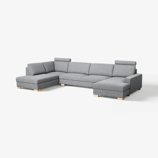 Canapé moderne gris SÖRVALLEN 3 places avec chaise, design scandinave minimaliste, pieds en bois, tissu gris texturé.