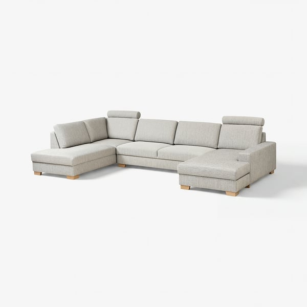 Canapé moderne en forme de L gris clair avec pieds en bois, design scandinave minimaliste.
