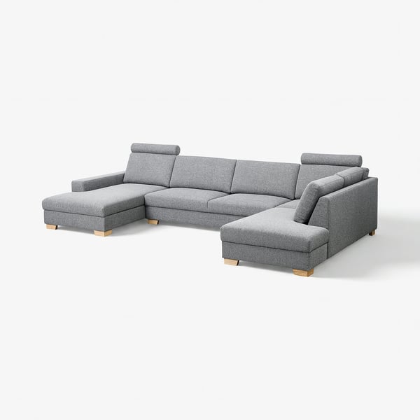 Un canapé sectionnel SÖRVALLEN moderne, gris, avec des pieds en bois clair, avec un design scandinave minimaliste.