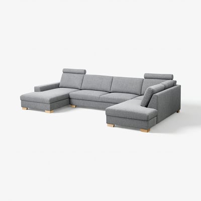 Un canapé sectionnel SÖRVALLEN moderne, gris, avec des pieds en bois clair, avec un design scandinave minimaliste.