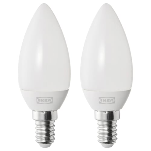 Deux ampoules LED ikea SOLHETTA, blanc chaud, en forme de larme, plastique givré.