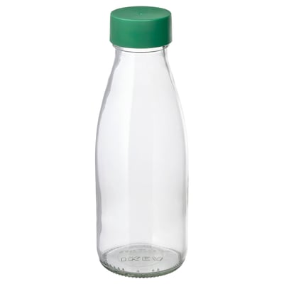 Bouteille en verre avec couvercle vert, conçue pour les boissons fraîches. Écologique, réutilisable et portable.