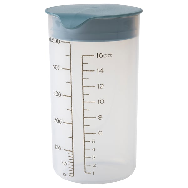 Shaker en plastique STANDARDMÅTT, couvercle bleu, corps blanc, cylindrique, marquages gradués.
