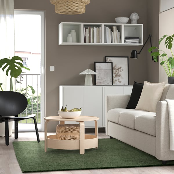 Salon moderne avec tapis STOENSE vert, canapé clair, chaise noire et plantes.