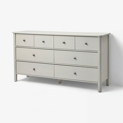 Commode blanche STOREMOLLA, six tiroirs, lignes épurées, bois de pin massif.