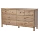 Commode en bois de couleur claire avec six tiroirs et boutons en métal.