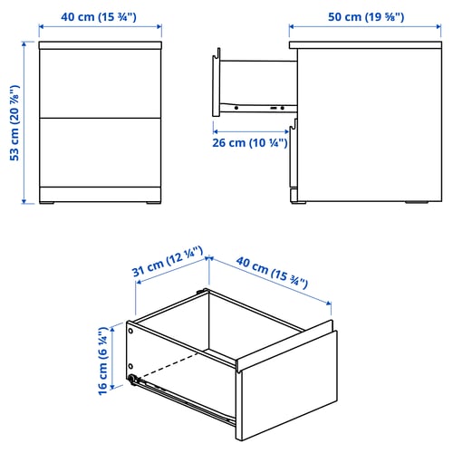 STORKLINTA Commode 2 tiroirs, blanc/avec 2 tiroirs, 40x50x53 cm