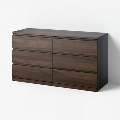 Commode à six tiroirs STORKLINTA : bois brun foncé, forme rectangulaire, plate, poignées intégrées.
