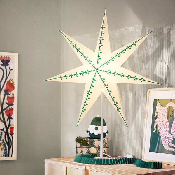 STRÅLA Abat-jour, papier étoiles/blanc vert, 70 cm