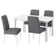 Table à manger carrée blanche moderne avec quatre chaises en tissu gris.