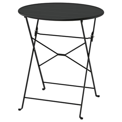 SUNDSÖ : table d’extérieur noire, ronde et pliable en acier.